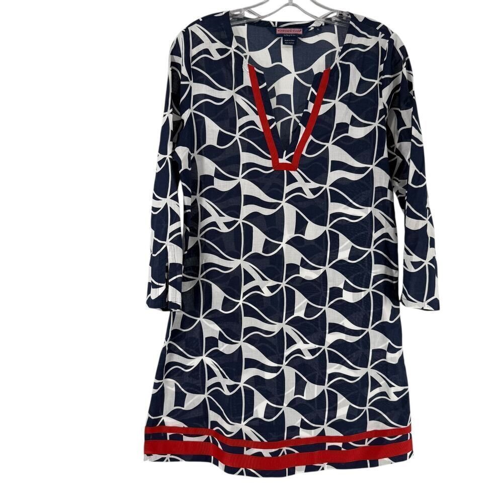 Vineyard Vines Cover Up Tunic Dress Size S Blue Nautical Flag V Neck 3/4 Sleeve